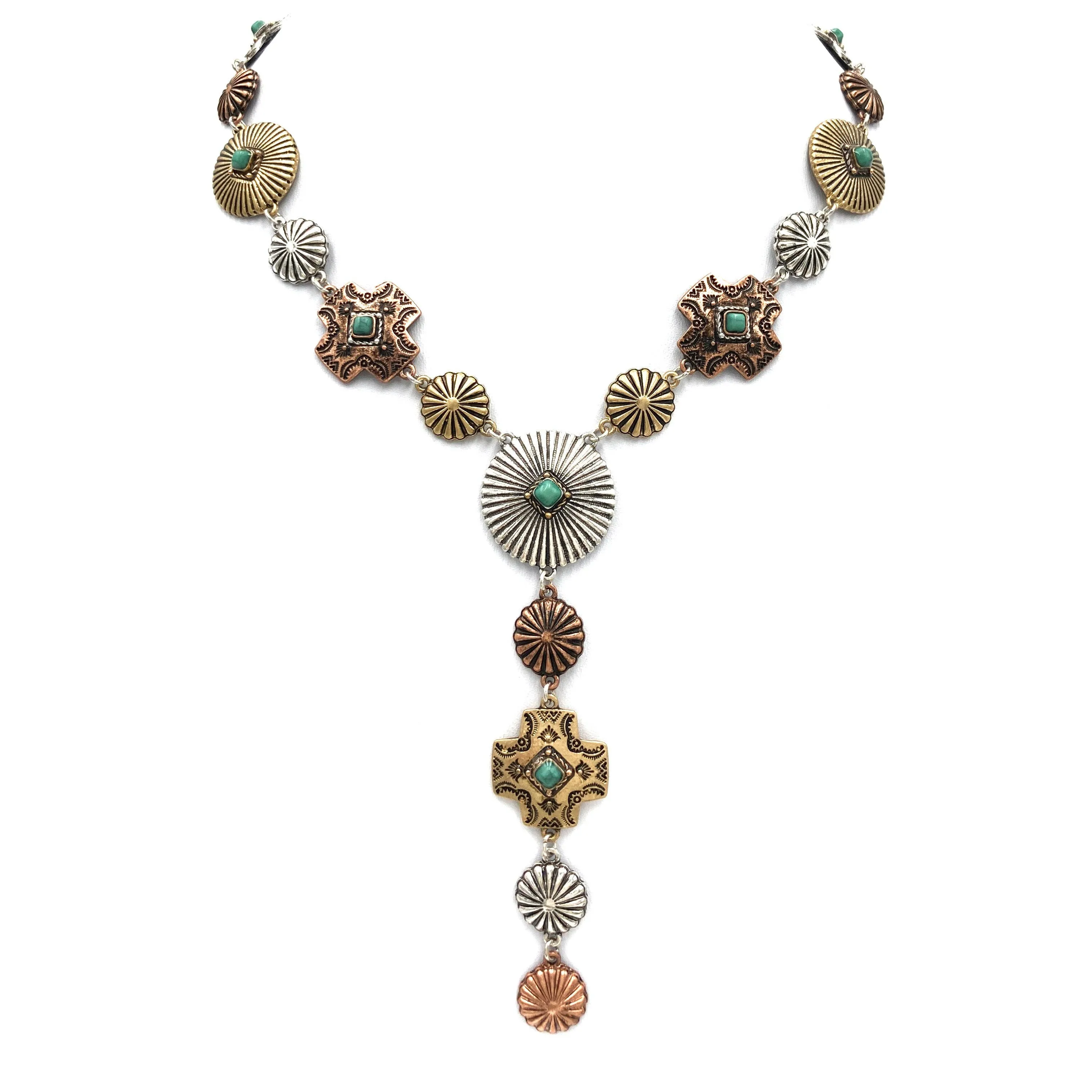 Metal Western Cross Native Concho Y Necklace: Silver