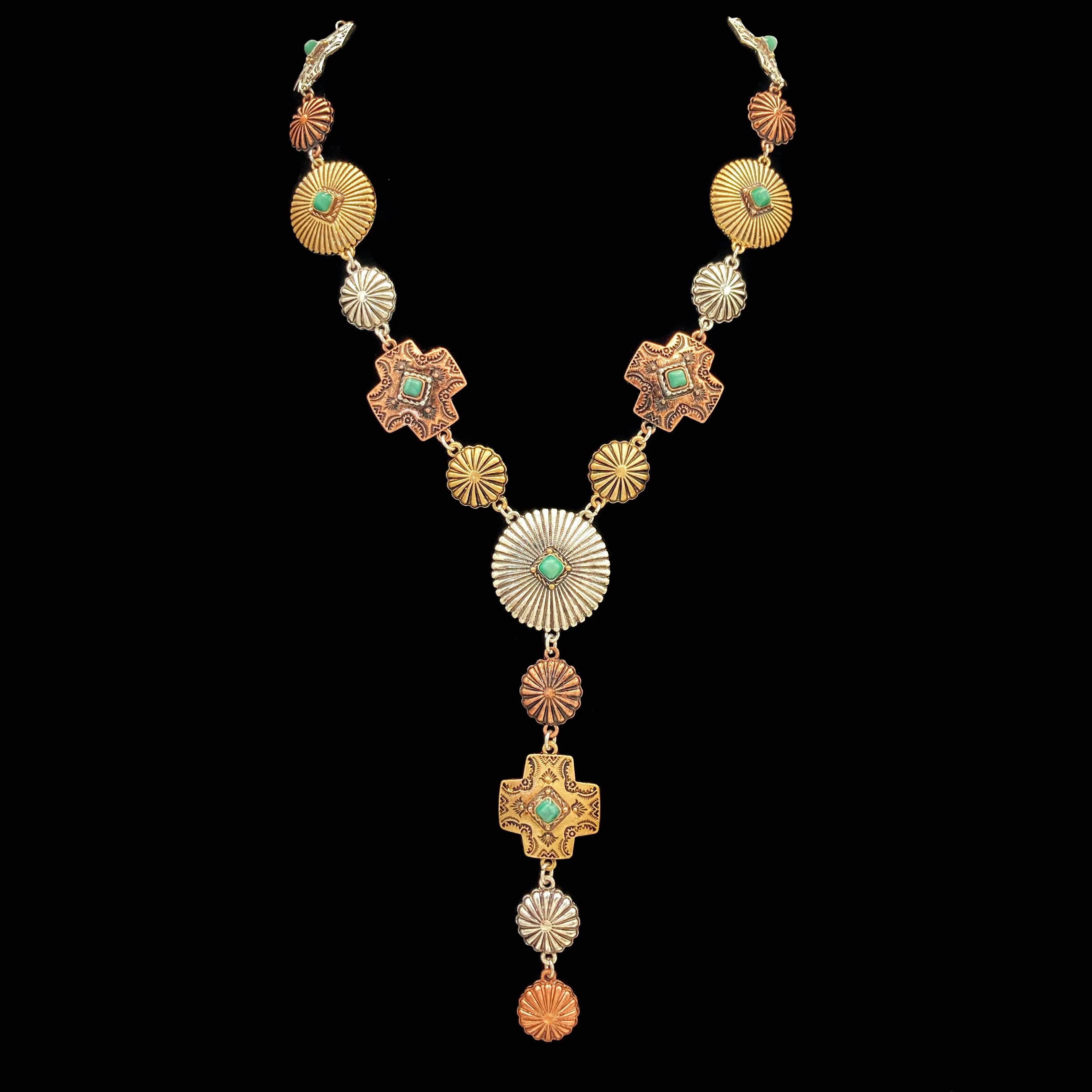 Metal Western Cross Native Concho Y Necklace: Silver