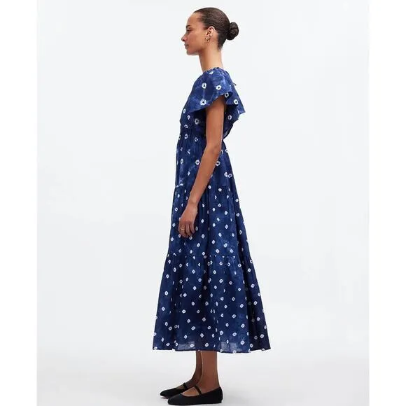 NWT Madewell Tie-Back Flutter-Sleeve Tiered Midi Dress Blue Size 2