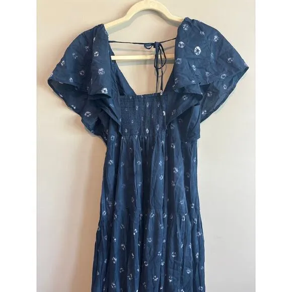 NWT Madewell Tie-Back Flutter-Sleeve Tiered Midi Dress Blue Size 2