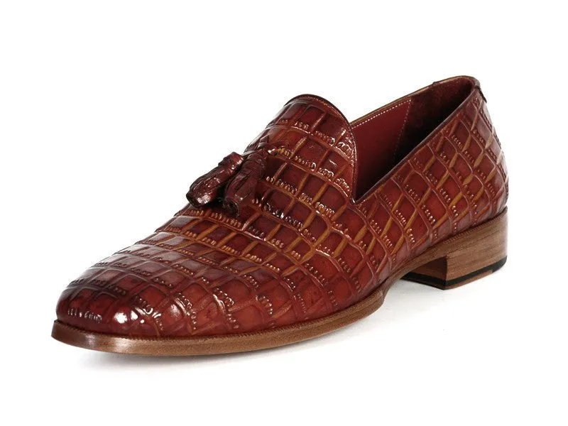 Paul Parkman Men's Croco-Embossed Calfskin Tassel Loafers in Brown