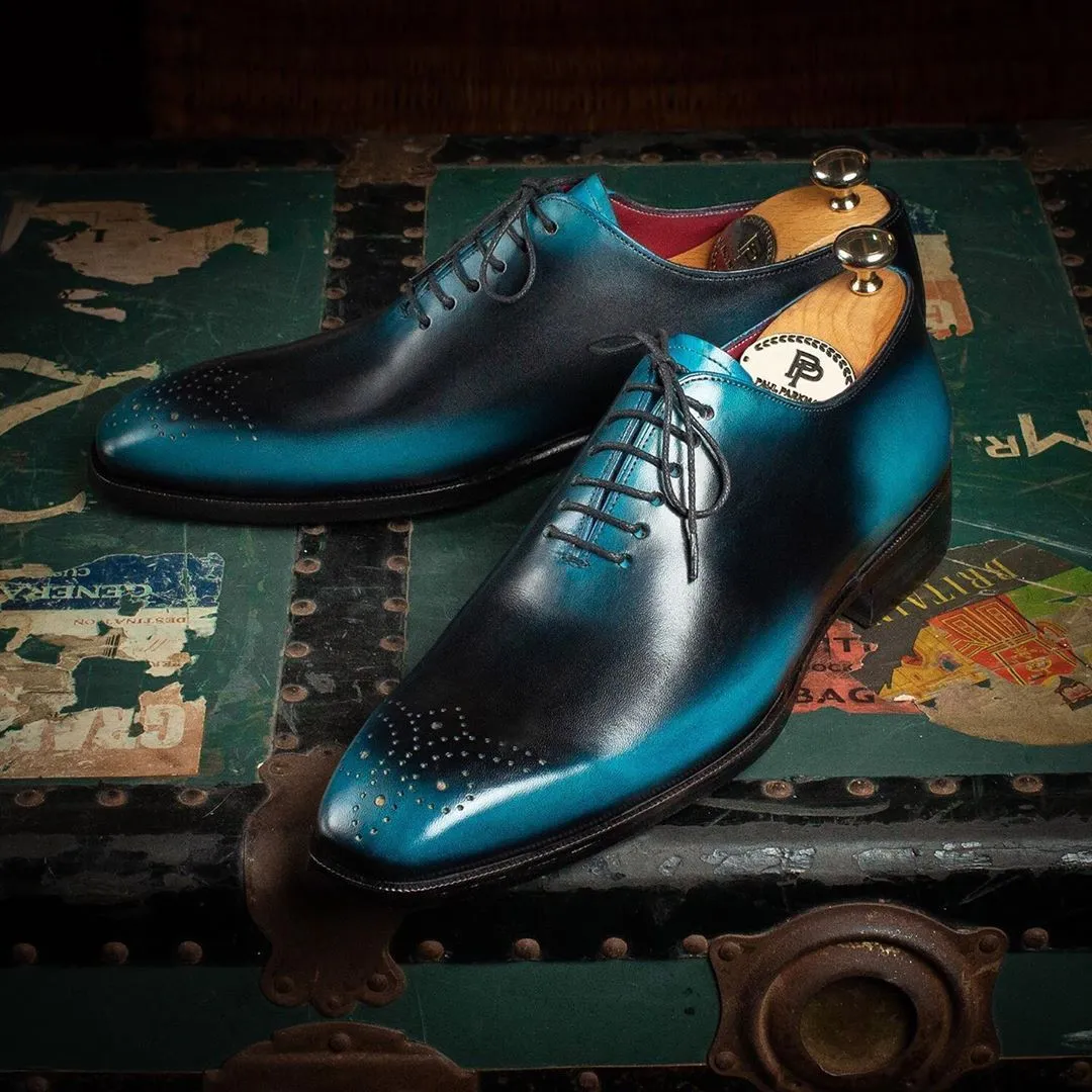 Paul Parkman Men's Wholecut Leather Oxfords, Black & Blue