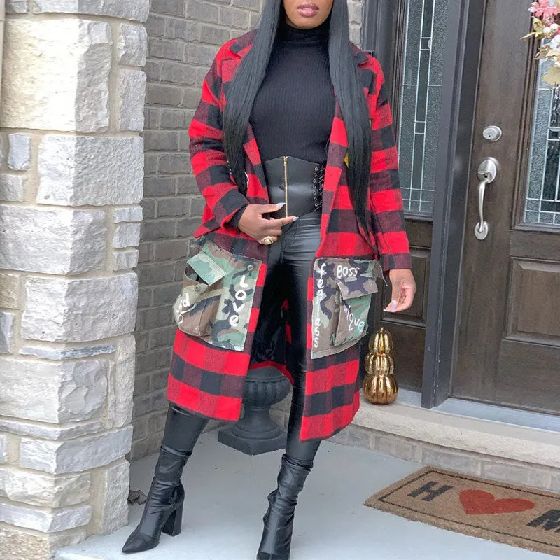 Plaid Pattern Letter Print Long Coat