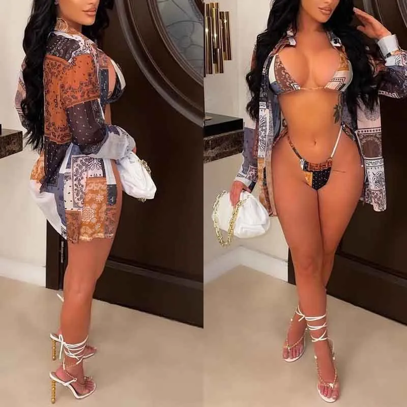 Print 2PCS Bikini Set & Shirt Dress