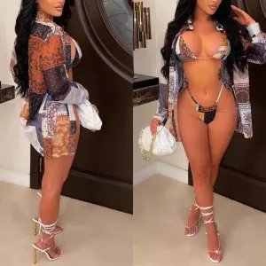 Print 2PCS Bikini Set & Shirt Dress