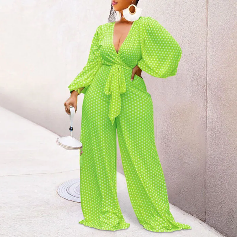 Print Deep V-Neck Long Sleeve Loose Jumpsuit