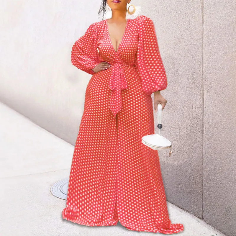 Print Deep V-Neck Long Sleeve Loose Jumpsuit