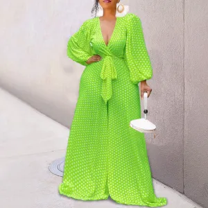 Print Deep V-Neck Long Sleeve Loose Jumpsuit