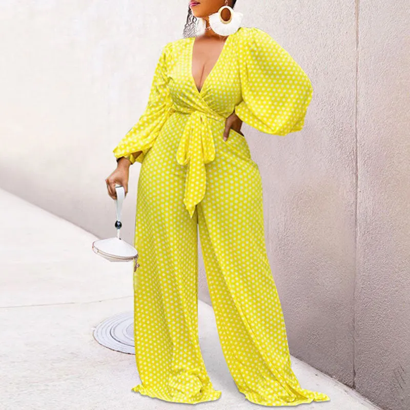 Print Deep V-Neck Long Sleeve Loose Jumpsuit