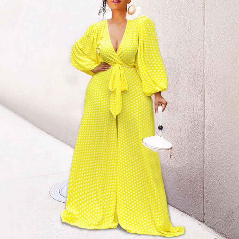 Print Deep V-Neck Long Sleeve Loose Jumpsuit