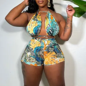 Print Halter Bandage Top & Shorts Set