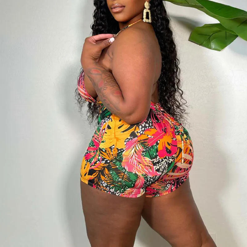 Print Halter Bandage Top & Shorts Set