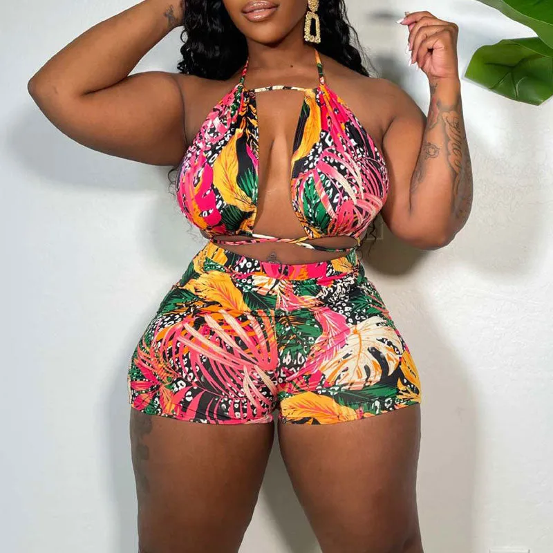 Print Halter Bandage Top & Shorts Set