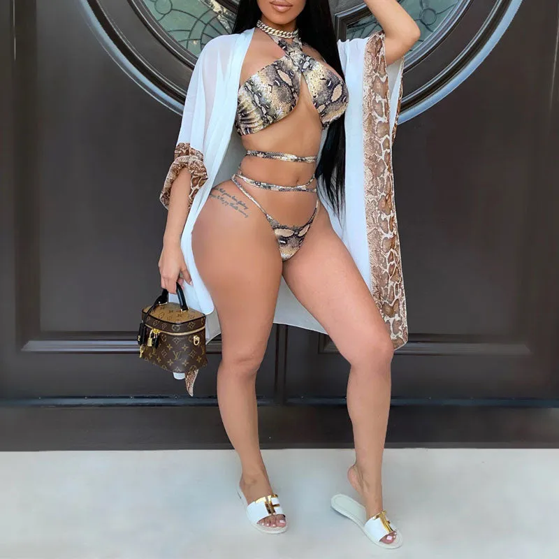 Print Halter Cut Out One Piece Swimsuit & Cover Up Set