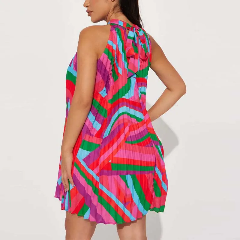 Print Halter Sleeveless Pleated Mini Dress