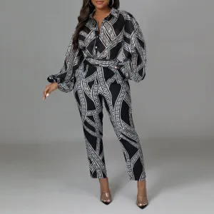 Print Lantern Sleeve Belted Jumpsuit