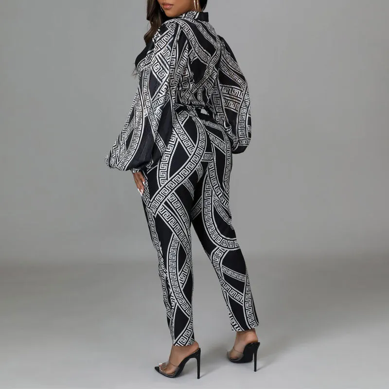 Print Lantern Sleeve Belted Jumpsuit