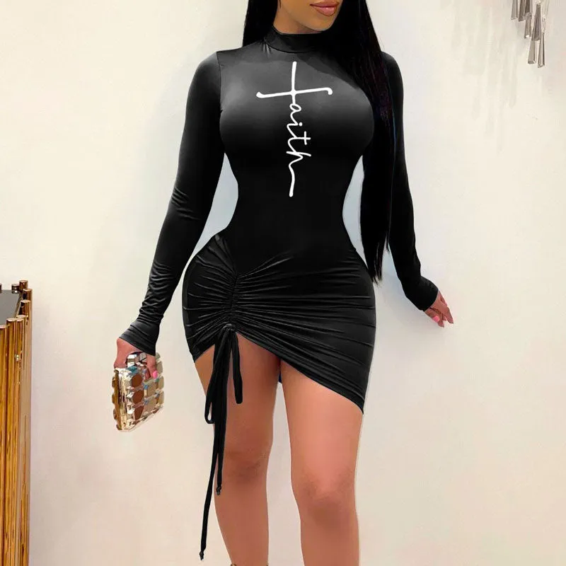 Print Long Sleeve Drawstring Bodycon Dress