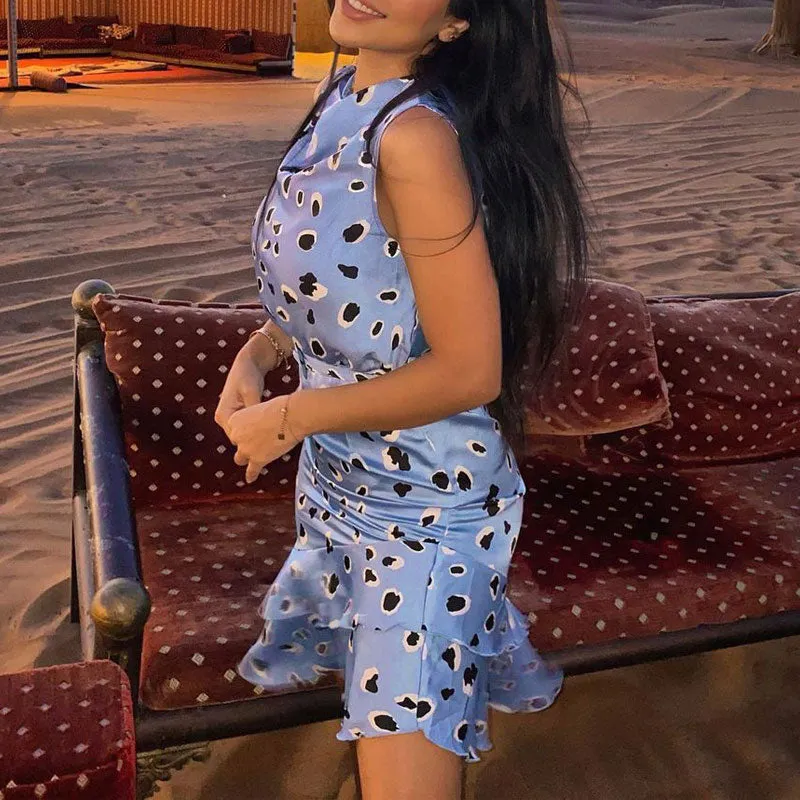 Print Sleeveless Ruffle Design Dress