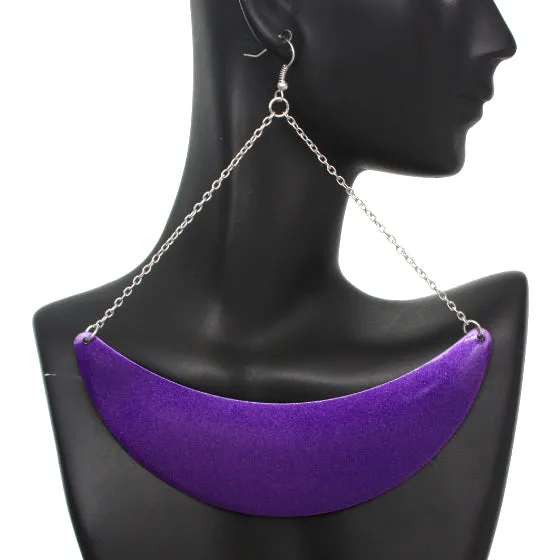 Purple Drop Chain Metal Crescent Earrings
