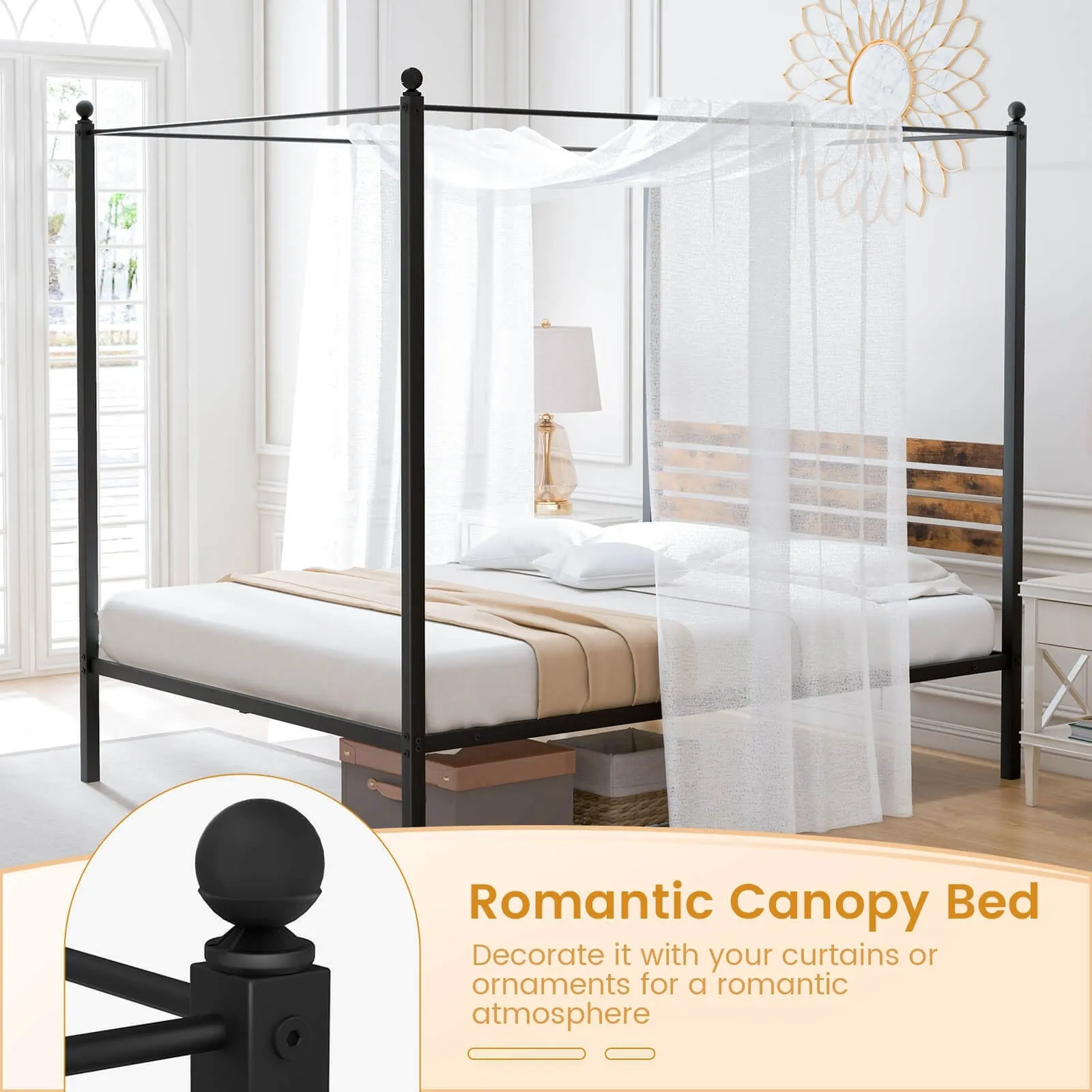 Queen Size Canopy Bed Frame with Under Bed Storage-Queen Size