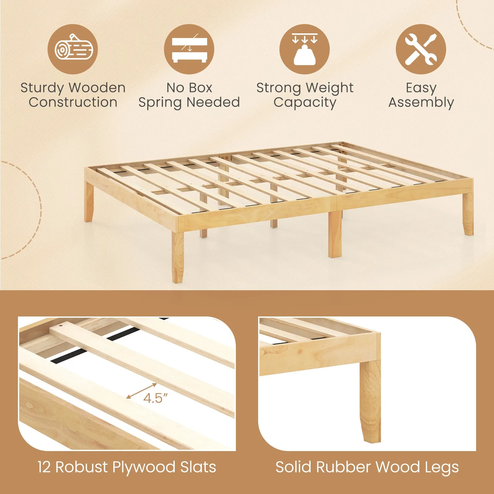 Queen Size Wood Bed Frame with Wooden Slats Support and Rubber Wood Legs-Natural