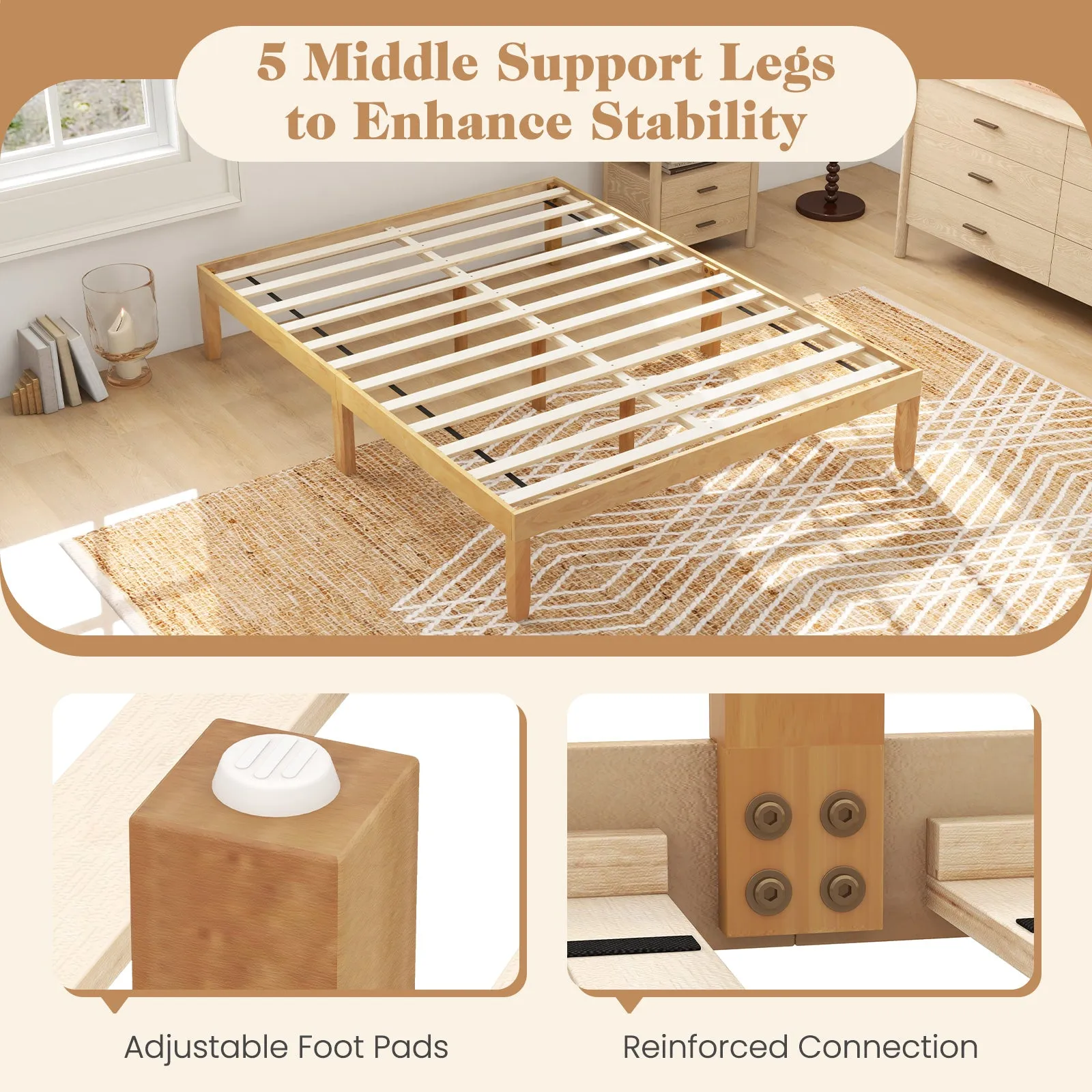 Queen Size Wood Bed Frame with Wooden Slats Support and Rubber Wood Legs-Natural