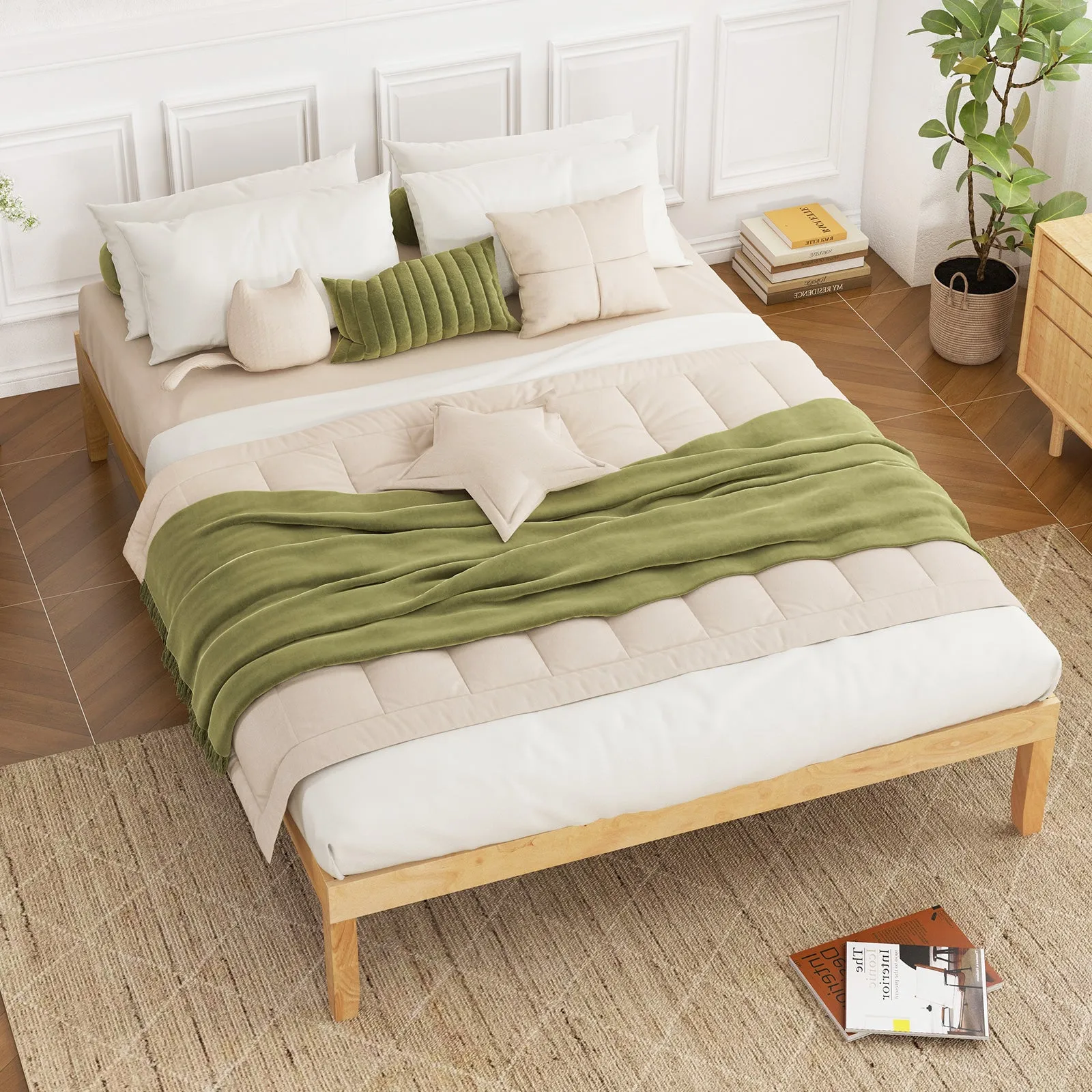 Queen Size Wood Bed Frame with Wooden Slats Support and Rubber Wood Legs-Natural