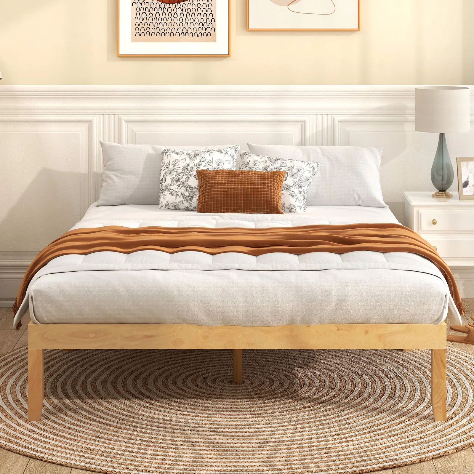 Queen Size Wood Bed Frame with Wooden Slats Support and Rubber Wood Legs-Natural