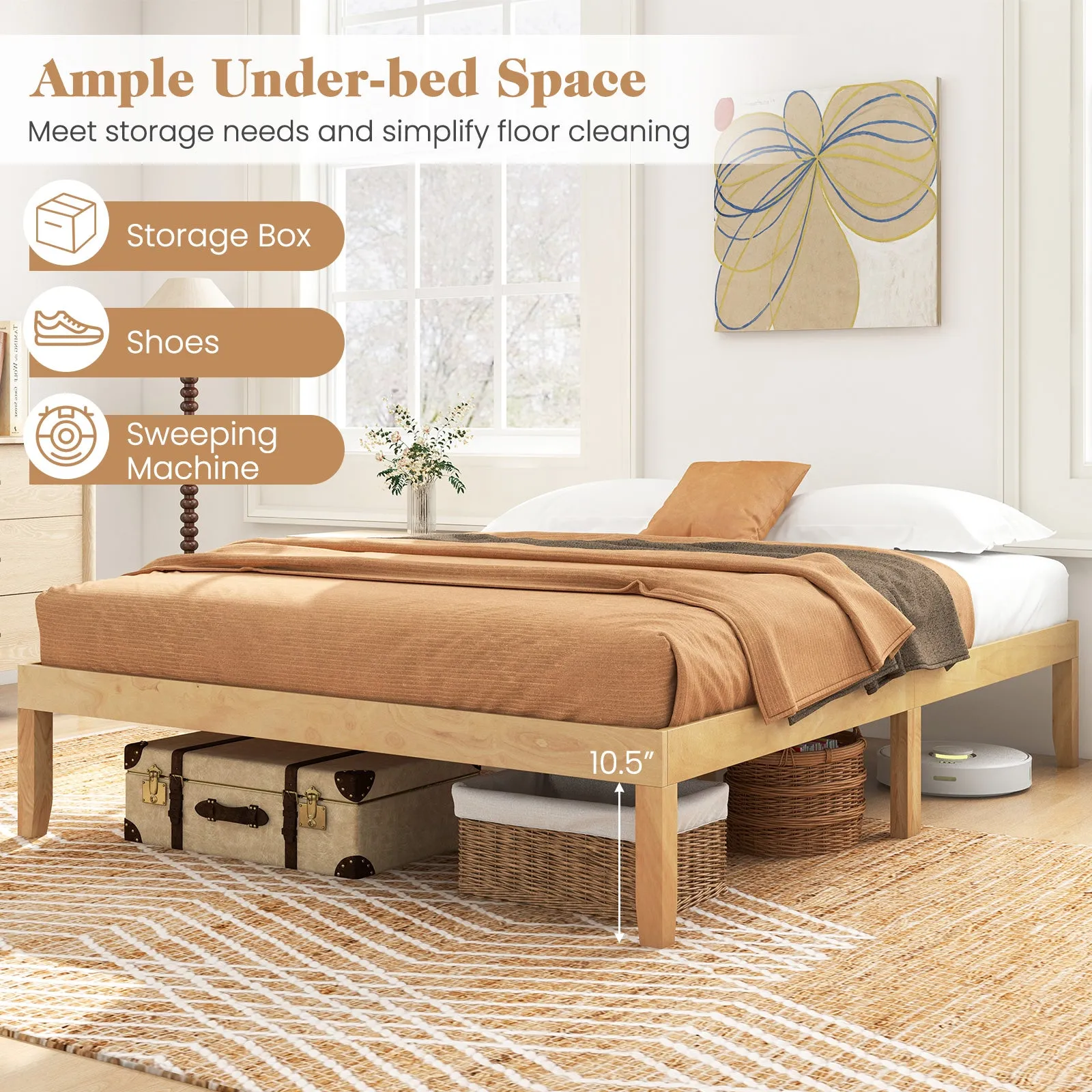 Queen Size Wood Bed Frame with Wooden Slats Support and Rubber Wood Legs-Natural