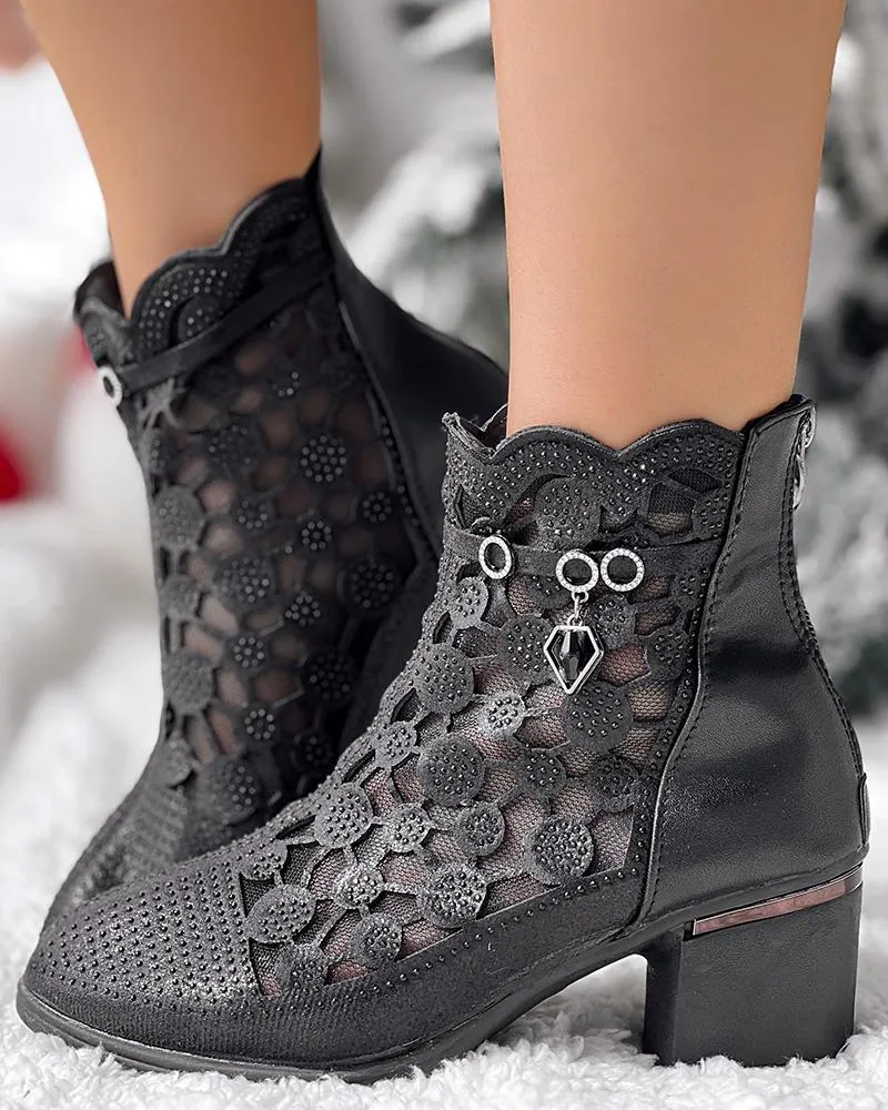 Rhinestone Breathable Chunky Heel Ankle Boots