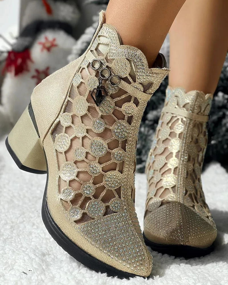 Rhinestone Breathable Chunky Heel Ankle Boots