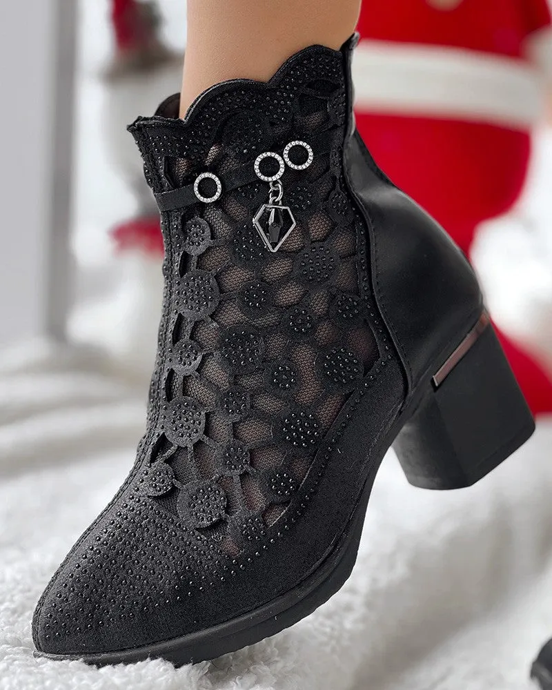 Rhinestone Breathable Chunky Heel Ankle Boots