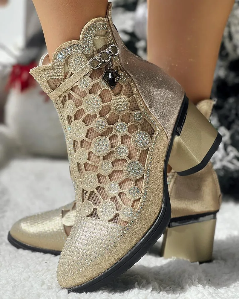 Rhinestone Breathable Chunky Heel Ankle Boots