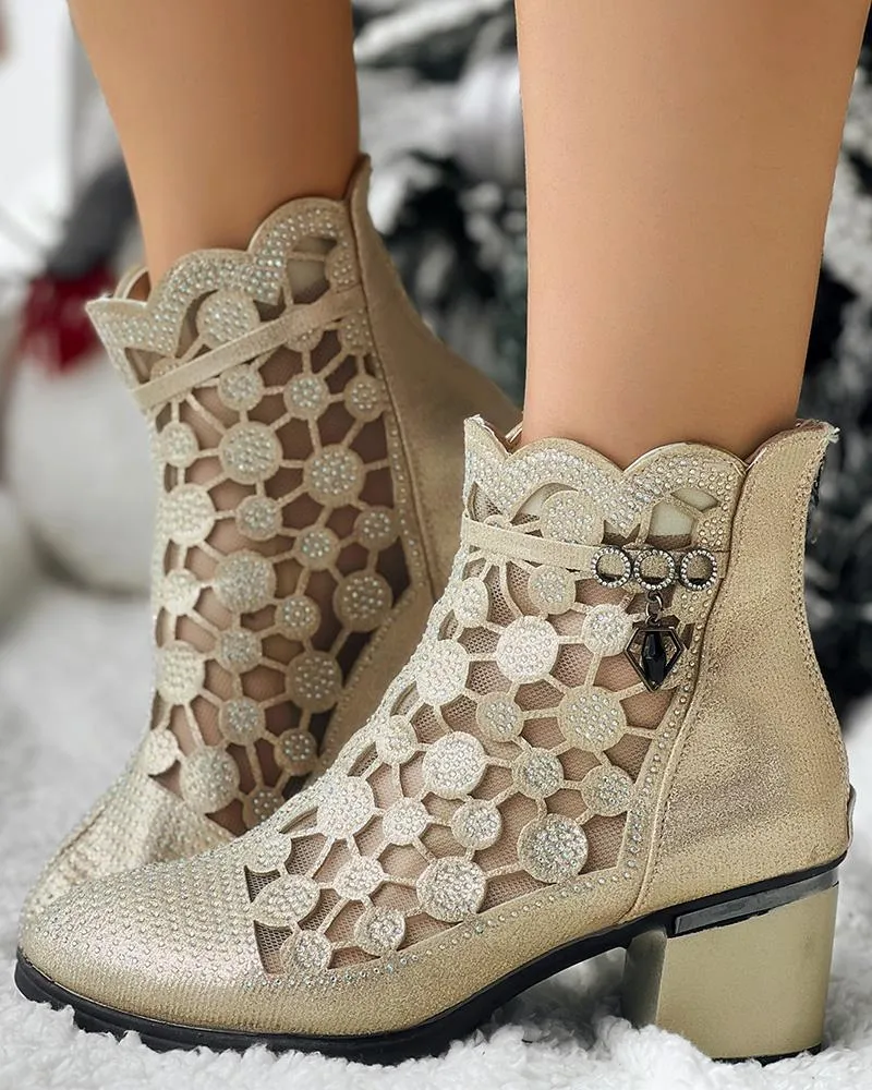Rhinestone Breathable Chunky Heel Ankle Boots