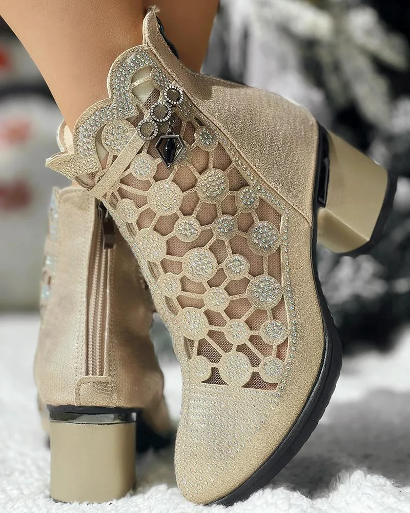 Rhinestone Breathable Chunky Heel Ankle Boots