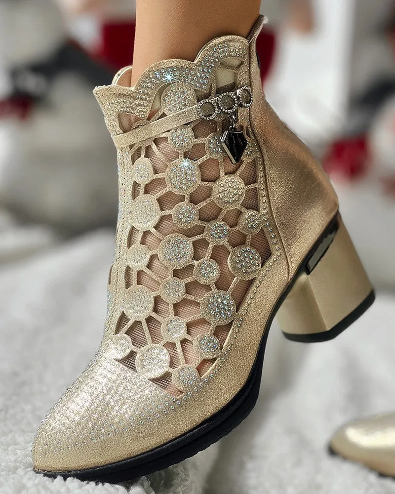Rhinestone Breathable Chunky Heel Ankle Boots
