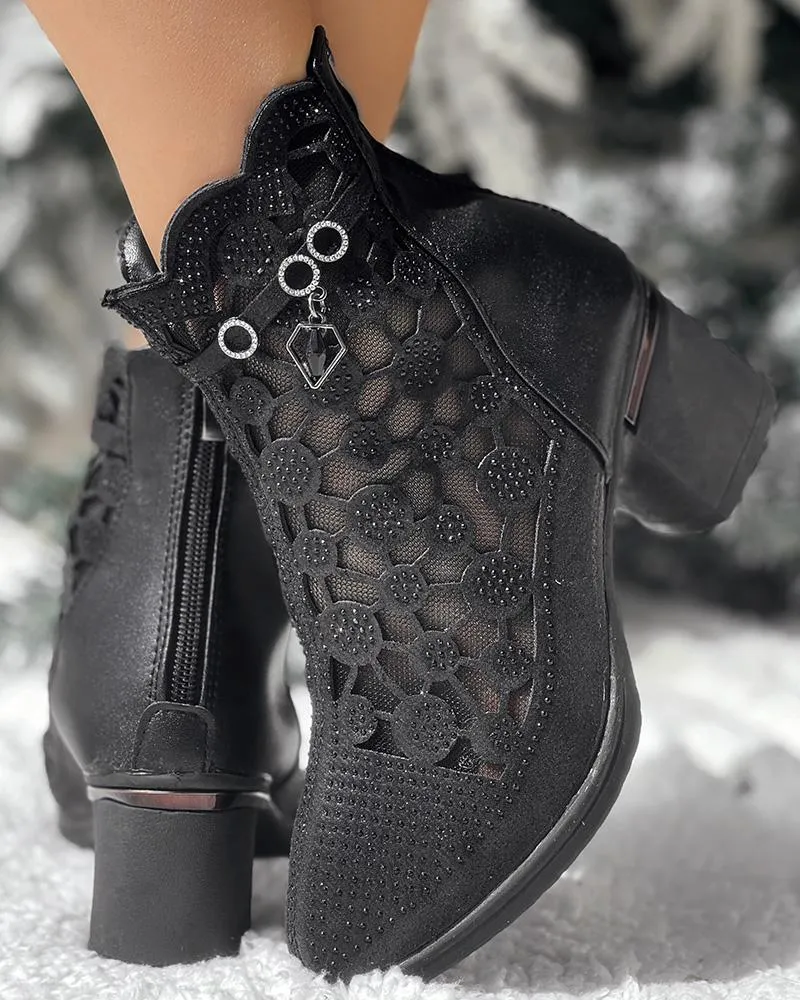 Rhinestone Breathable Chunky Heel Ankle Boots