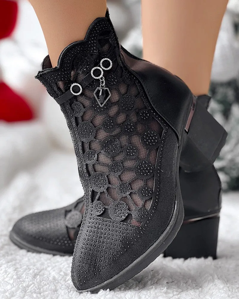 Rhinestone Breathable Chunky Heel Ankle Boots