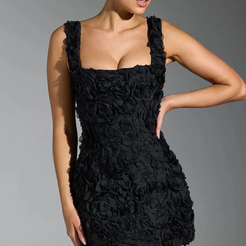 Romantic 3D Floral Appliqué Square-Neck Sleeveless Mini Dress