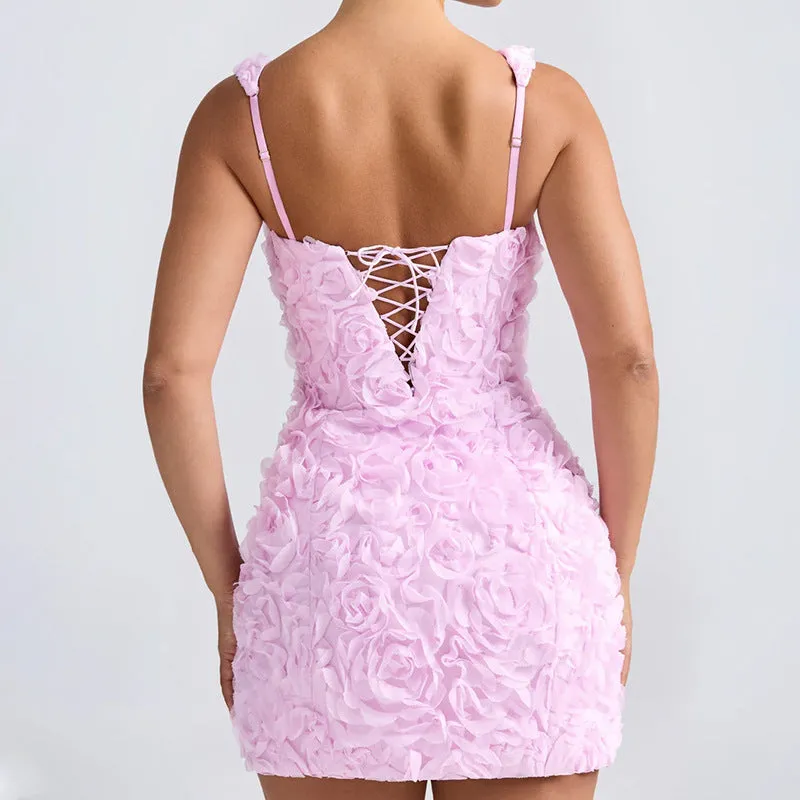 Romantic 3D Floral Appliqué Square-Neck Sleeveless Mini Dress