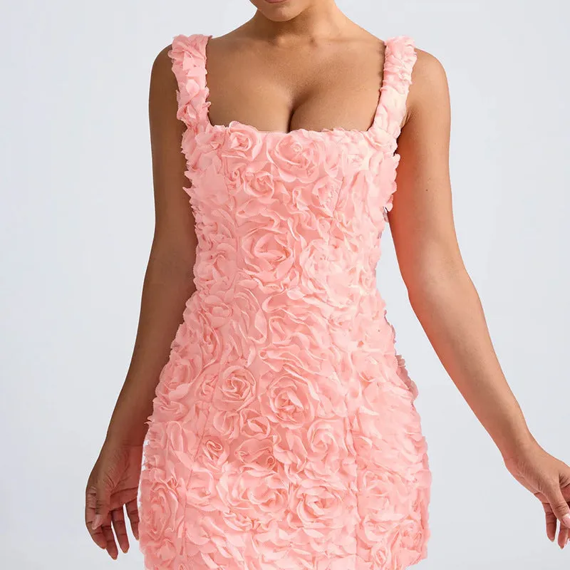 Romantic 3D Floral Appliqué Square-Neck Sleeveless Mini Dress