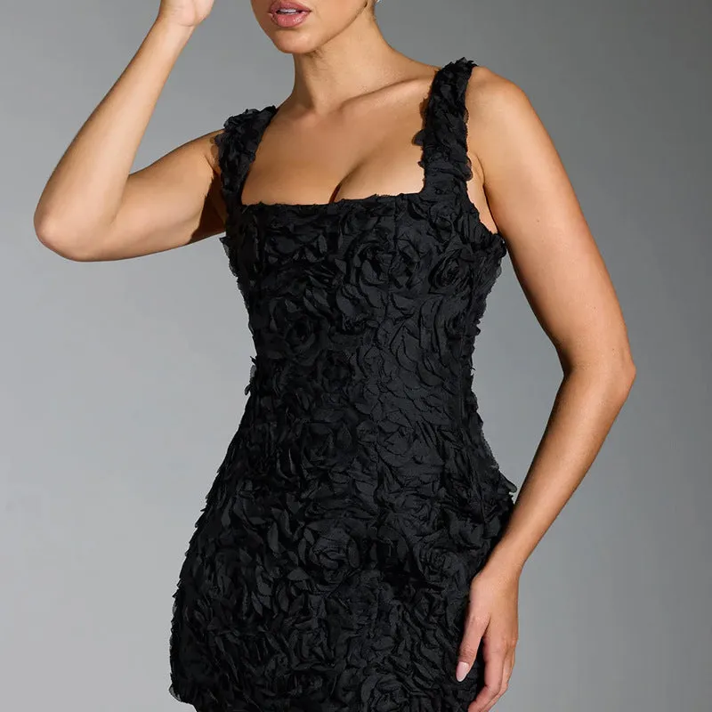 Romantic 3D Floral Appliqué Square-Neck Sleeveless Mini Dress