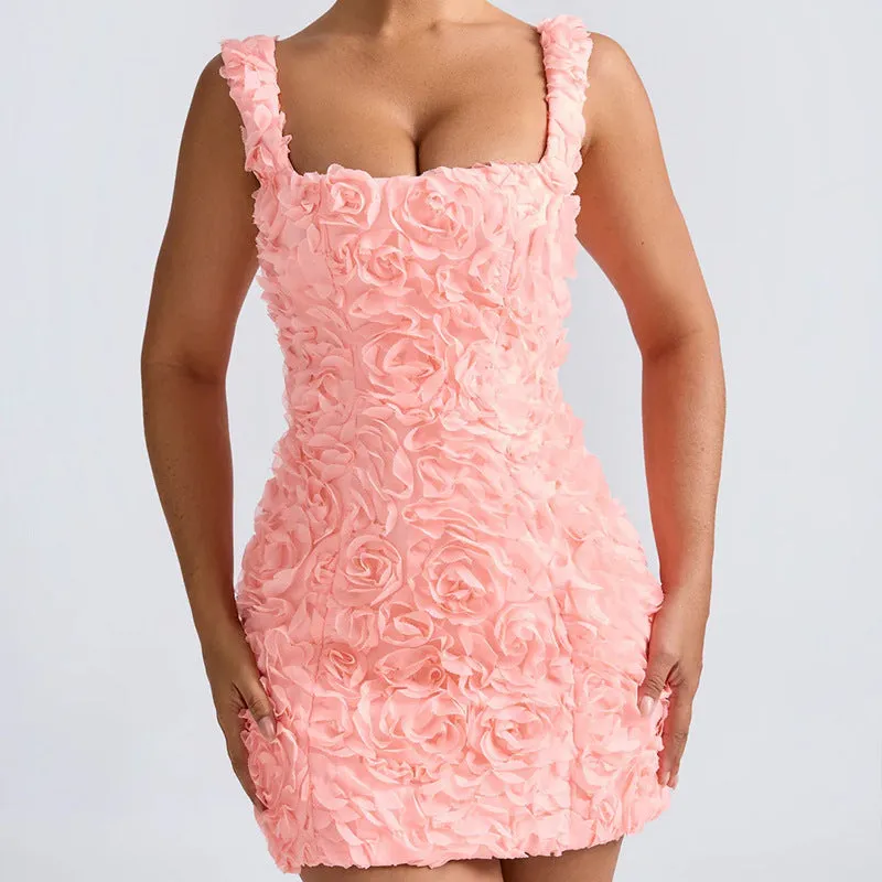 Romantic 3D Floral Appliqué Square-Neck Sleeveless Mini Dress