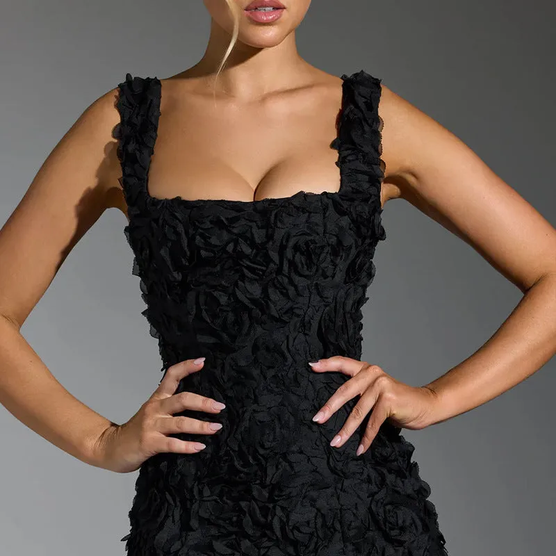 Romantic 3D Floral Appliqué Square-Neck Sleeveless Mini Dress