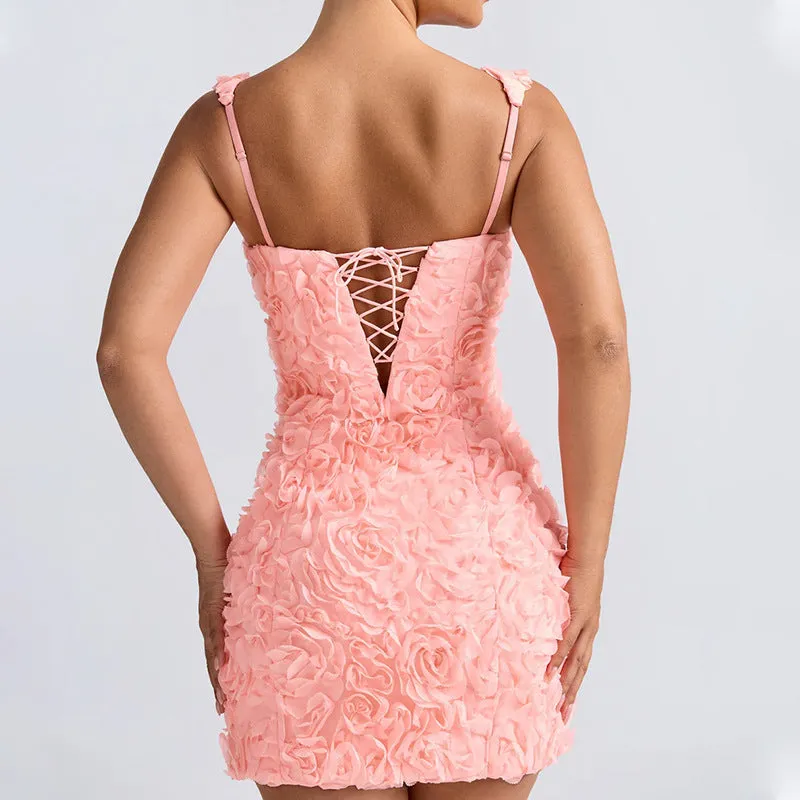 Romantic 3D Floral Appliqué Square-Neck Sleeveless Mini Dress
