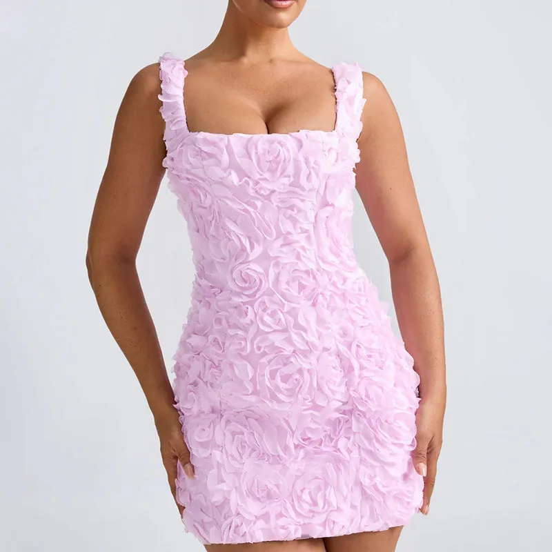 Romantic 3D Floral Appliqué Square-Neck Sleeveless Mini Dress