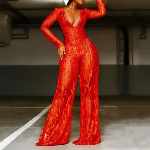 Sequins Deep V-Neck Long Sleeve Wide Leg Jumpsuit