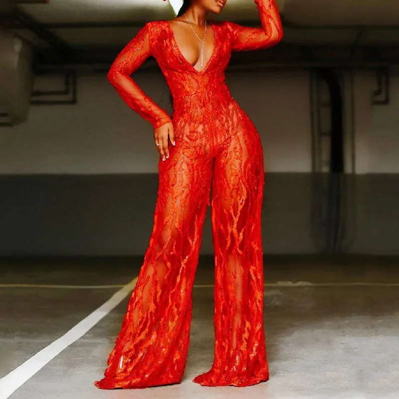 Sequins Deep V-Neck Long Sleeve Wide Leg Jumpsuit