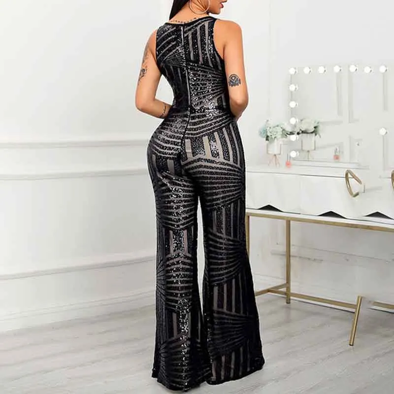 Sequins Round Neck Sleeveless Wide Leg Jumpsuit